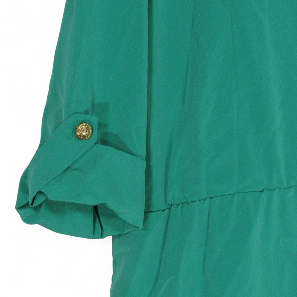 VTG MS CHAUS Green SATIN 1/4 Button ROLL-TAB SLEEVE Midi SHIRT DRESS Sz 12 - Picture 3 of 6